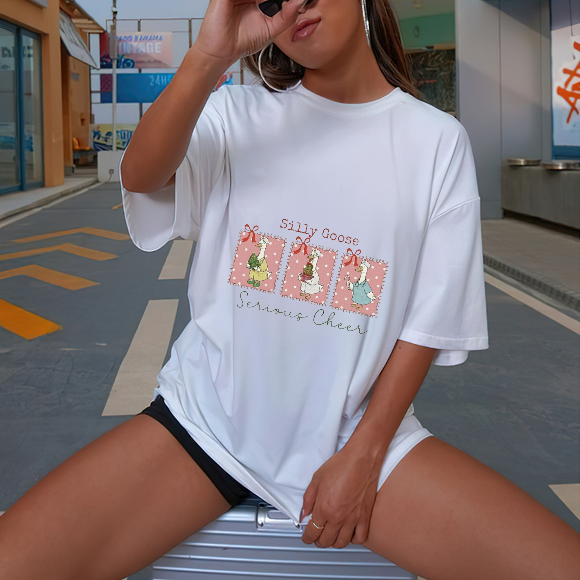 Silly Goose Nurse Christmas Embroidery T-Shirt