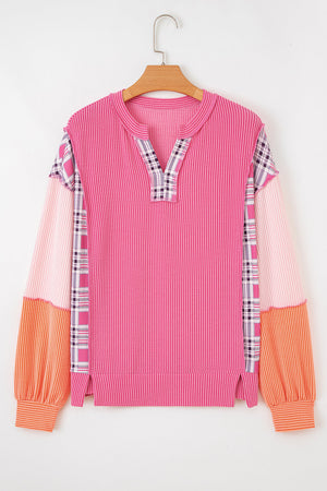 Maddie Texture Colorblock Patchwork Long Sleeve PLUS Top