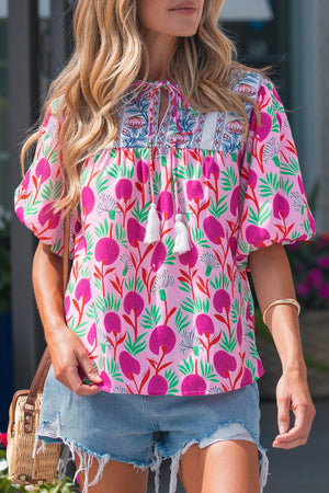 Jade Patchwork Tassel Tie Blouse