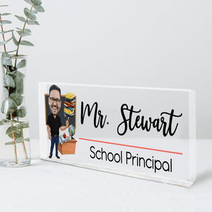 Funny Teacher Portrait - Personalized Custom Desk Name Plate, Name Sign, Acrylic Plaque - Back To School/First Day Of School, Birthday, Loving, Funny Gift for Teacher, Kindergarten, Preschool, Pre K, Paraprofessional