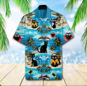 Black Cat Beach 3D Hawaiian Shirt, Funny Cat Aloha Shirt, Tropical Summer Shirt, Unisex Beach Vacation Outfit, Polyester Shirt S–5XL