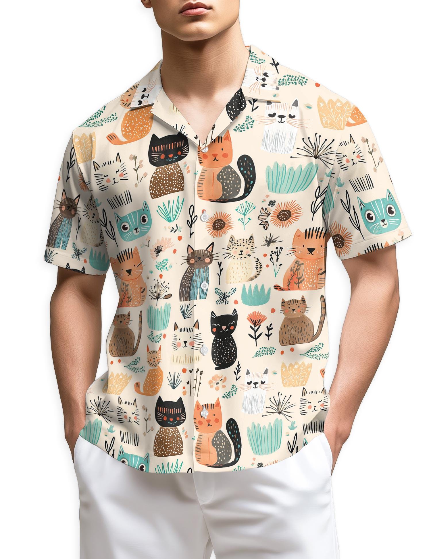 Cat Abstract Trees and Flowers Hawaiian Shirt For Men, All Over Print Aloha Shirt, Unisex Tropical Summer Shirt, S-5XL