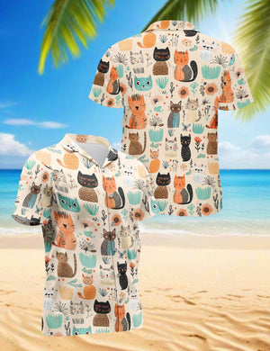 Cat Abstract Trees and Flowers Hawaiian Shirt For Men, All Over Print Aloha Shirt, Unisex Tropical Summer Shirt, S-5XL