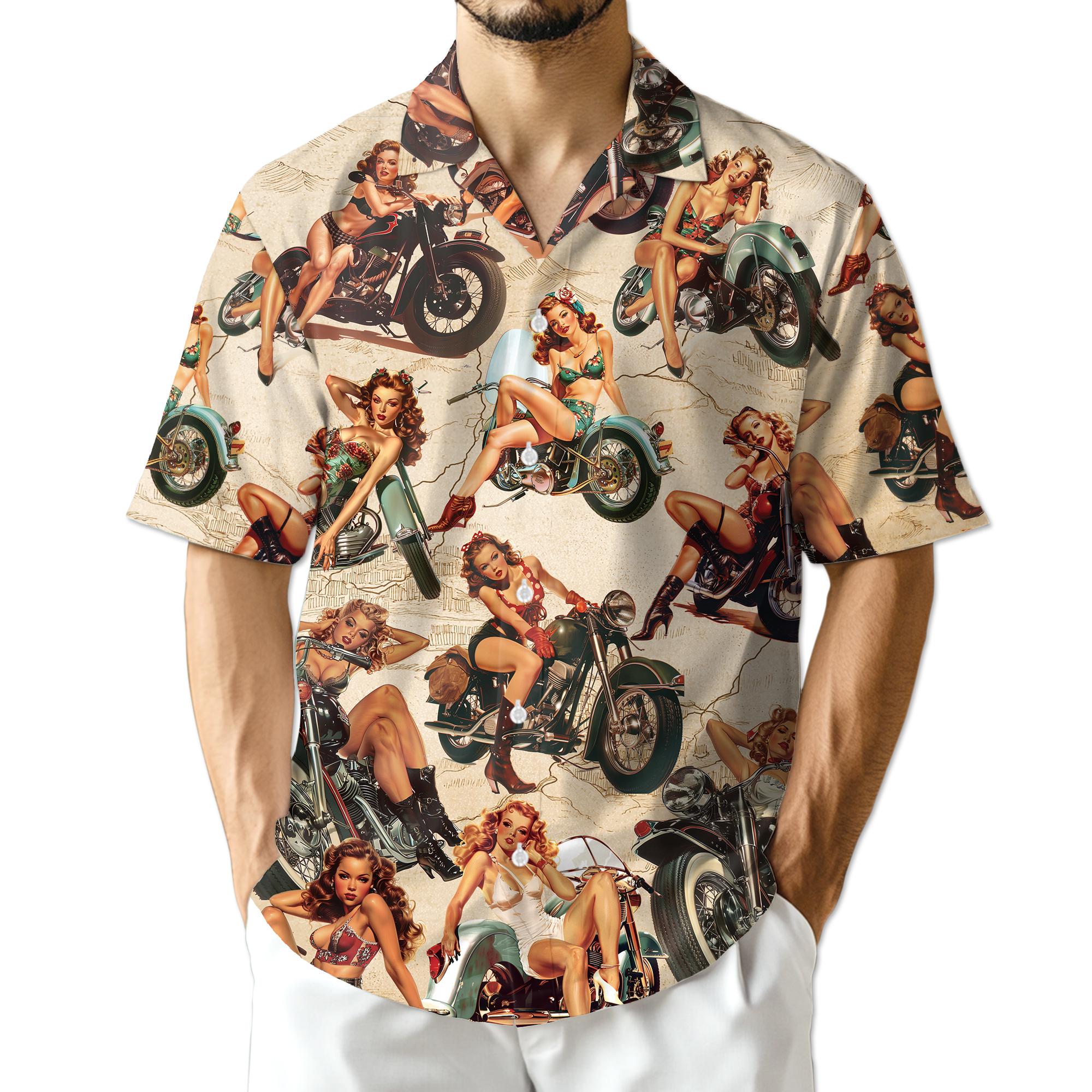 Pin Up Girls on Motorcycles Hawaiian Shirt, Vintage Biker Girl Aloha Button-Up, Retro Motorcycle Lovers Shirt, S-5XL
