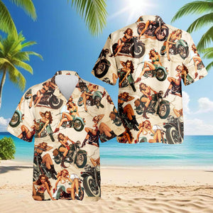 Pin Up Girls on Motorcycles Hawaiian Shirt, Vintage Biker Girl Aloha Button-Up, Retro Motorcycle Lovers Shirt, S-5XL