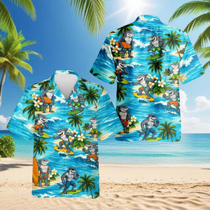 Surfing Shark Hawaiian Shirt, Summer Holiday Aloha Beach Party Shirt for Men Women, Funny Tropical Surf Button-Up, S-5XL