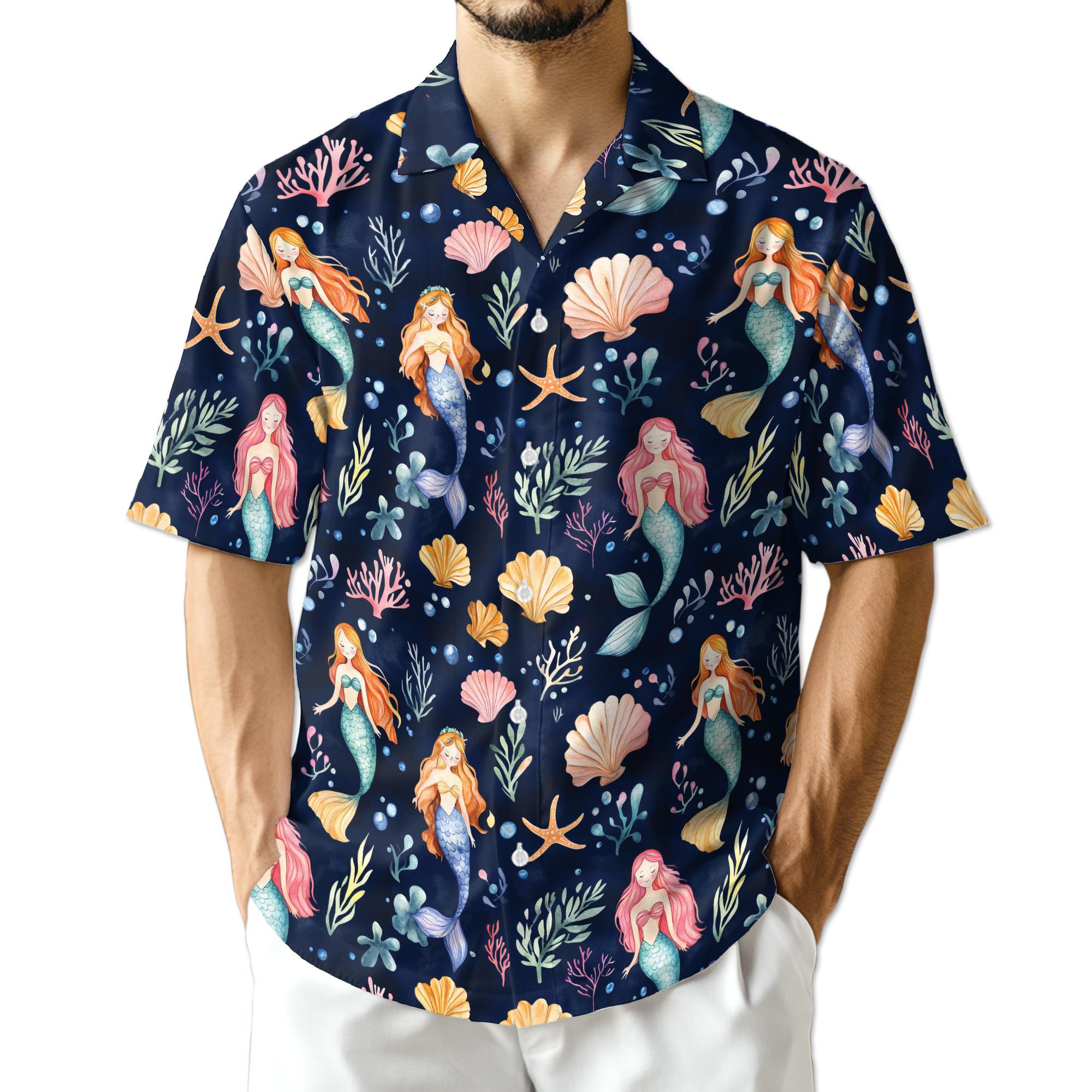 Cute Mermaid Hawaiian Shirt, Fun Mermaid Aloha Shirt for Men Women, Tropical Ocean Button-Up Summer Top, S-5XL