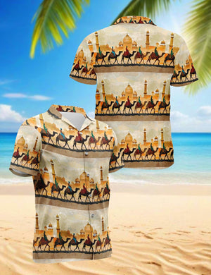 Desert Camel Hawaiian Shirt, Arabian Desert Aloha Shirt for Men Women, Camel Pattern Tropical Button-Up Summer Top, S-5XL