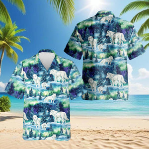 Winter Wolf Hawaiian Shirt, Snow Wolf Aloha Shirt for Men Women, Arctic Wolf Pattern Button Up Winter Nature Top, S-5XL