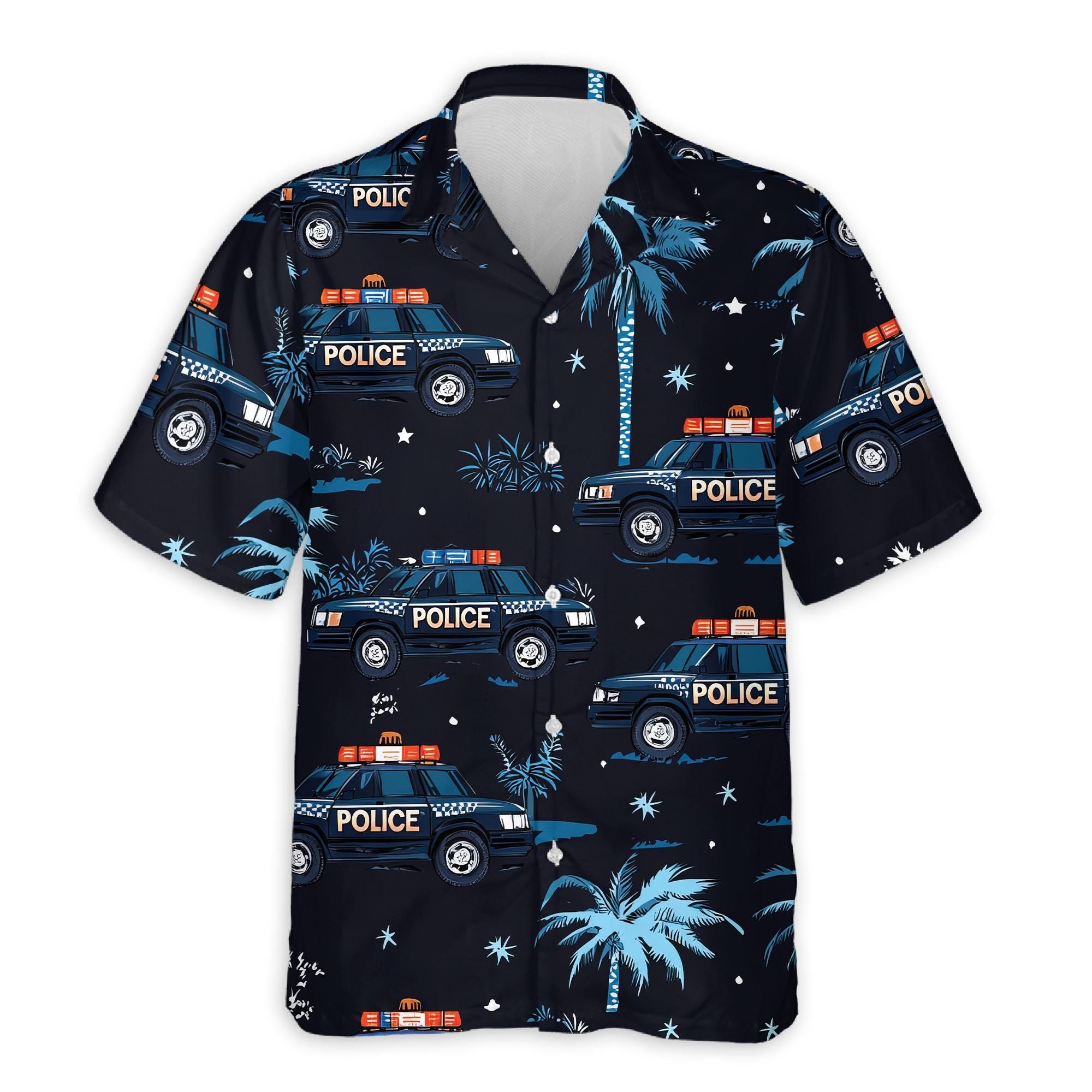 Police Cars Seamless Pattern Hawaiian Shirt, Law Enforcement Aloha Shirt for Men Women, Patrol Car Print Button-Up Summer Top, S-5XL
