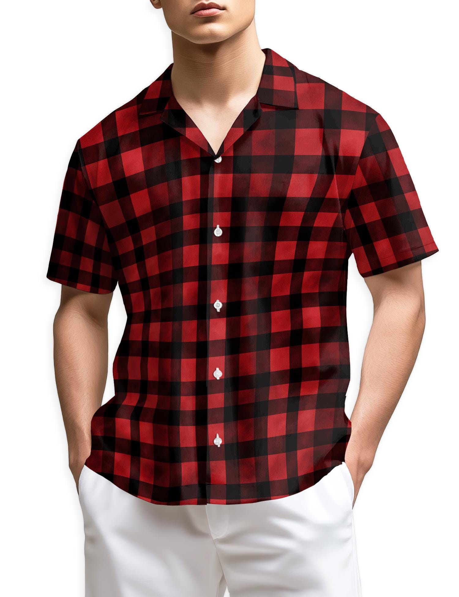 Red Black Plaid Hawaiian Shirt, Checkered Aloha Shirt for Men Women, Classic Lumberjack Summer Button-Up Top, S-5XL