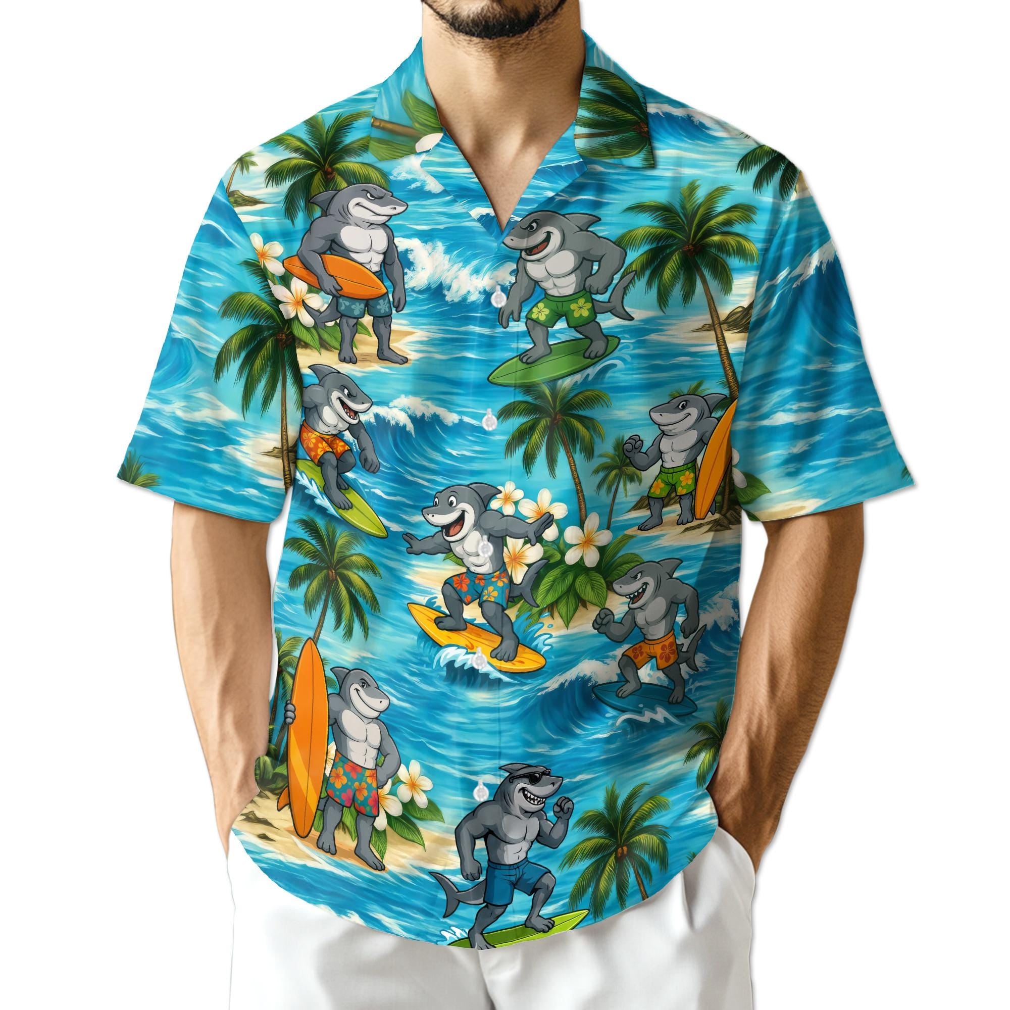 Surfing Shark Hawaiian Shirt, Summer Holiday Aloha Beach Party Shirt for Men Women, Funny Tropical Surf Button-Up, S-5XL