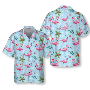 Christmas Flamingo Seamless Pattern Hawaiian Shirt, Tropical Holiday Aloha Shirt for Men Women, Cute Xmas Flamingo Button-Up, S-5XL