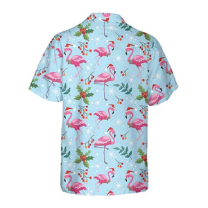 Christmas Flamingo Seamless Pattern Hawaiian Shirt, Tropical Holiday Aloha Shirt for Men Women, Cute Xmas Flamingo Button-Up, S-5XL