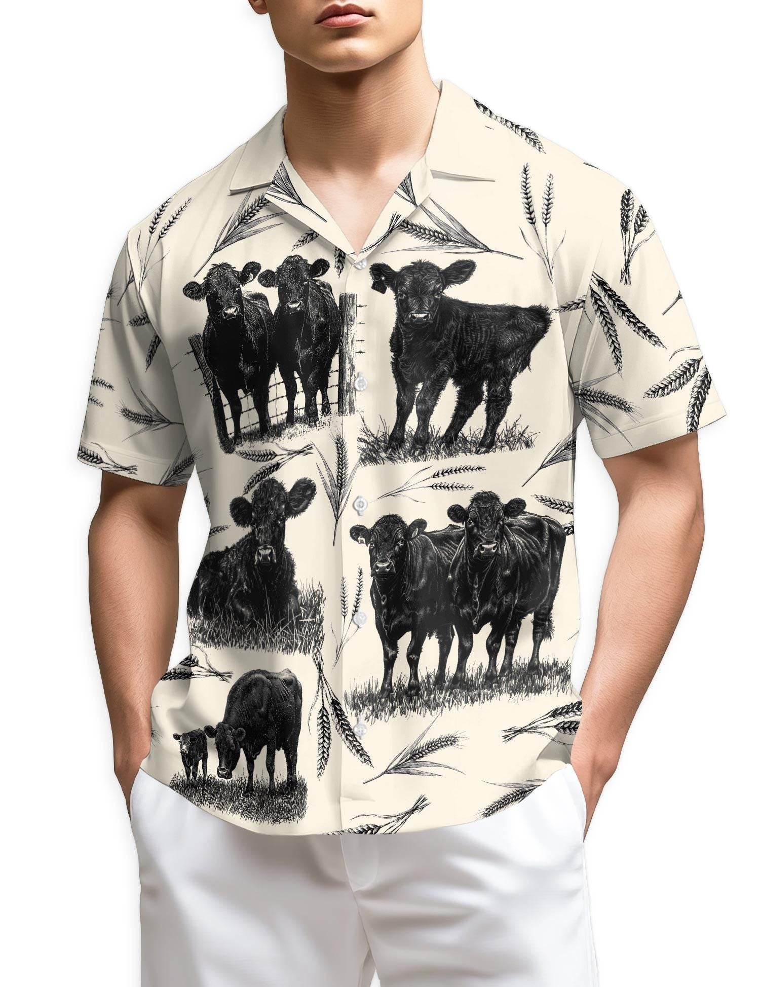 Cow Hawaiian Shirt Vintage Cattle Farm Lovers Shirt, Retro Farmer Gift Aloha Shirt Summer Unisex Button-Up Top, S–5XL