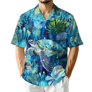 Turtle Coral Hawaiian Shirt, Sea Turtle Aloha Shirt, Ocean Reef Button Down, Tropical Beach Vacation Outfit, S-5XL