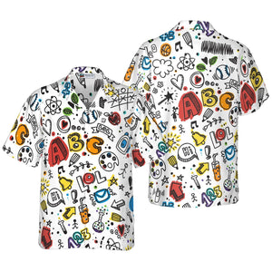 ABC Doodle Hawaiian Shirt, Colorful Alphabet Aloha Shirt, Back To School Teacher Shirt, Fun Learning Pattern Button Down, S-5XL