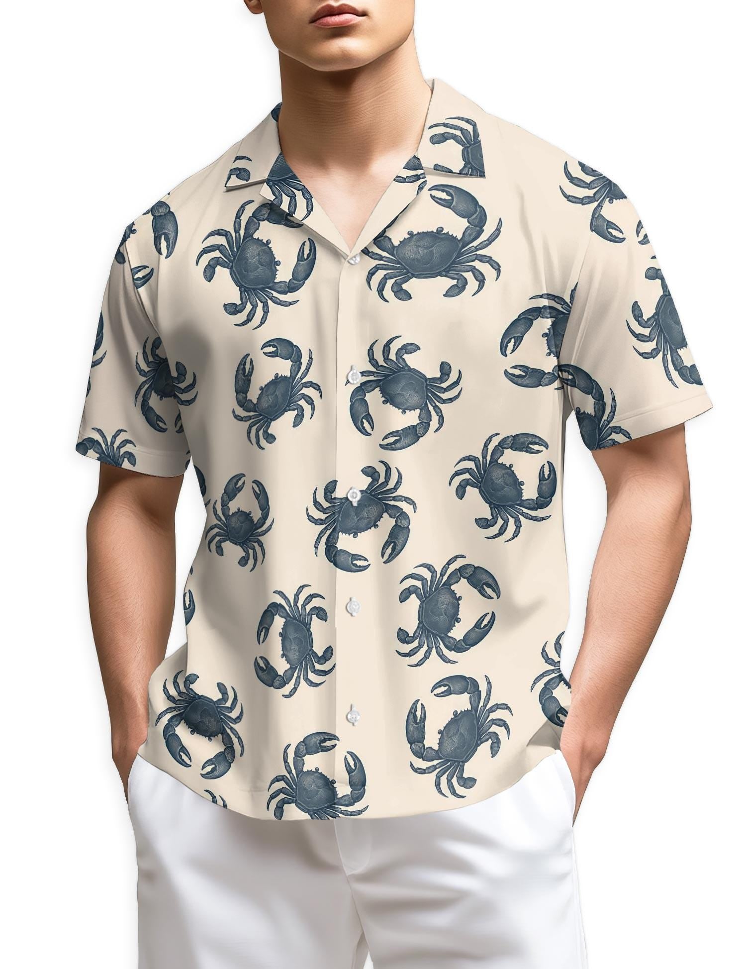 Crab Pattern Hawaiian Shirt, Tropical Crab Aloha Shirt, Beach Seafood Button Down, Summer Vacation Casual Outfit Gift, S-5XL