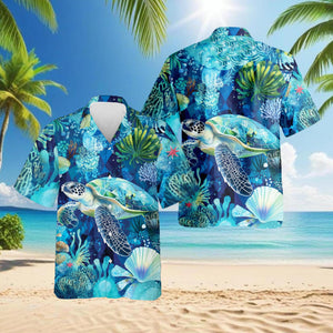 Turtle Coral Hawaiian Shirt, Sea Turtle Aloha Shirt, Ocean Reef Button Down, Tropical Beach Vacation Outfit, S-5XL