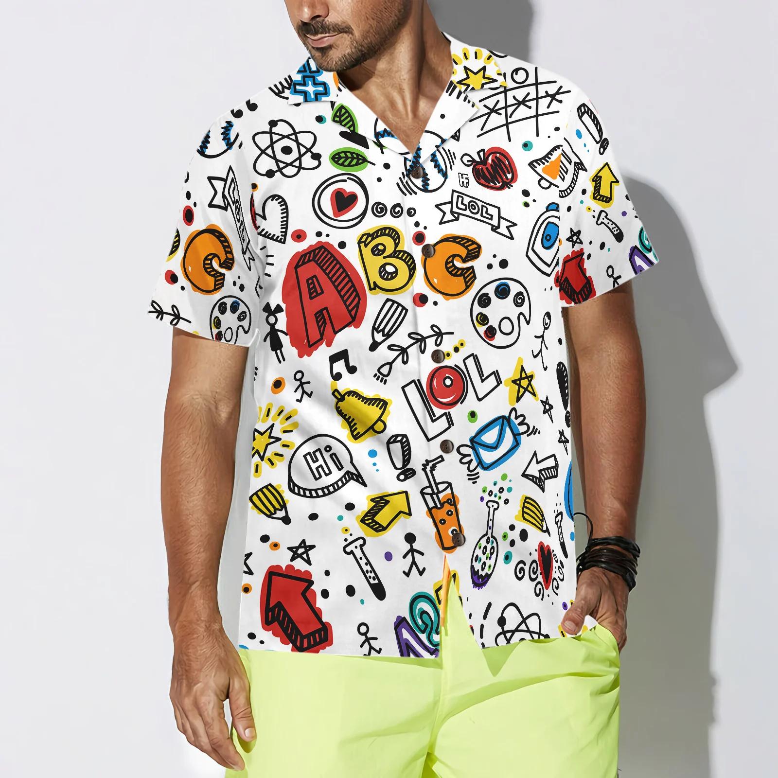 ABC Doodle Hawaiian Shirt, Colorful Alphabet Aloha Shirt, Back To School Teacher Shirt, Fun Learning Pattern Button Down, S-5XL
