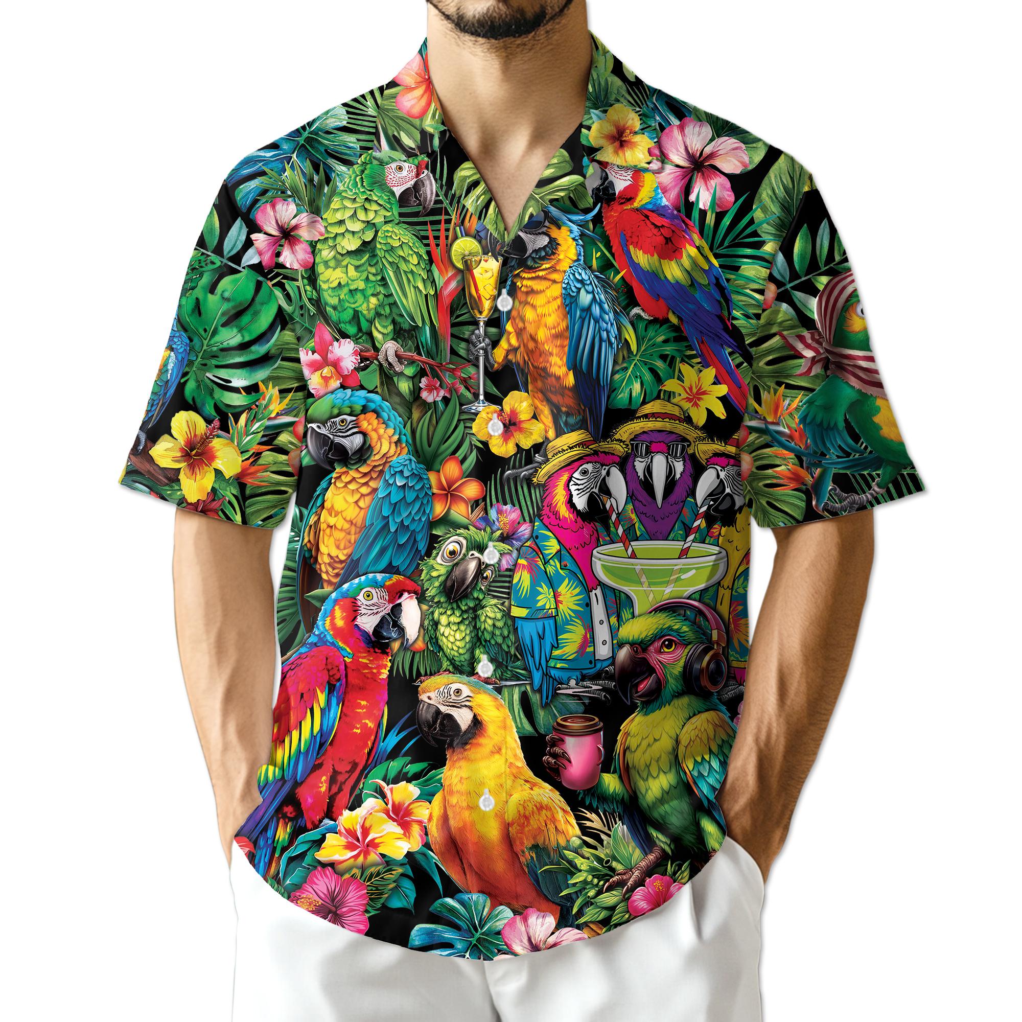 Amazing Aloha Parrot Hawaiian Shirt, Colorful Parrot Tropical Aloha Shirt, Exotic Bird Beach Vacation Shirt, Unisex Hawaiian Shirt, S–5XL