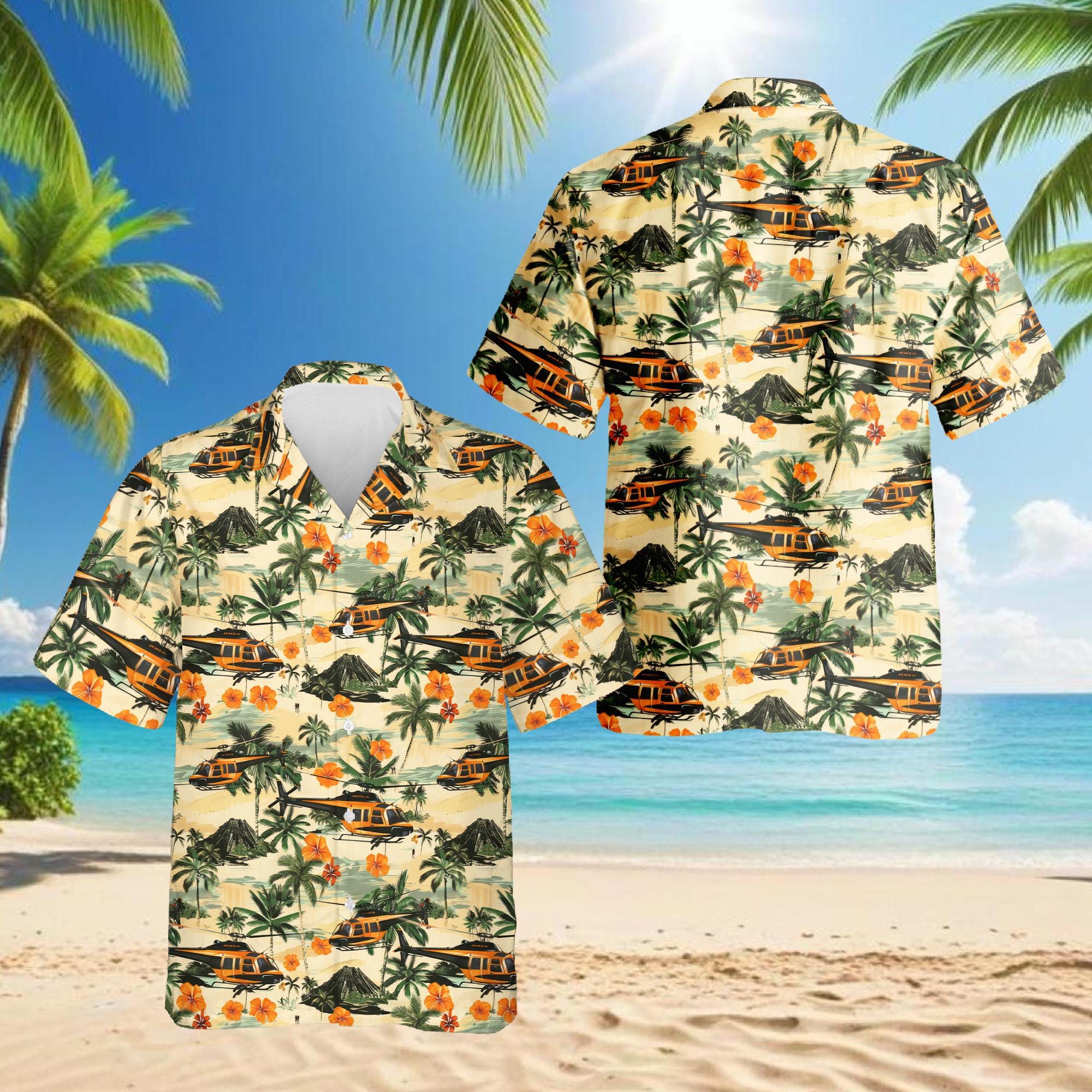 Helicopter Hawaiian Shirt for Men, Tropical Pilot Aloha Shirt, Island Military Chopper Print, Beach Vacation Button Up