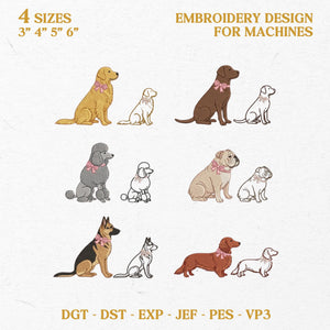 Uptown Dog Embroidery Design Set, 6 Popular Breeds Machine Embroidery Files, Full Color Outline Pet Icons, Pink Bow Aesthetic, Dog Mom Gift