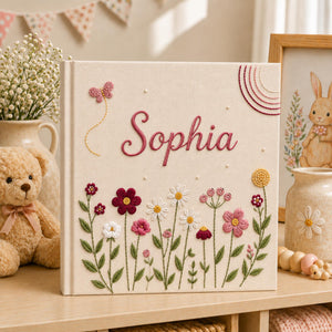 Custom Hand Embroidered Keepsake Album, Floral Butterfly Baby Scrapbook, Unique Keepsake Album, Flower Embroidered Photo Album, Newborn Gift