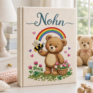 Hand Embroidered Baby Photo Album with Teddy Bear, Embroidered Photo Album With Sleeves, Linen Baby Memory Book, Newborn Keepsake Album