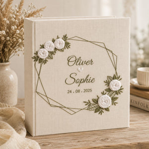 Custom Hand Embroidered Linen Photo Album, Floral Wedding Keepsake Album, Flower Wedding Photo Album, Hardbound Scrapbook,Unique Photo Album