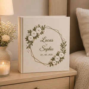 Custom Hand Embroidered Linen Photo Album, Floral Wedding Keepsake Album, Flower Wedding Photo Album, Hardbound Scrapbook,Unique Photo Album