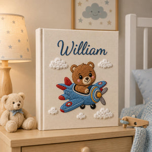 Hand Embroidered Teddy Bear Baby Photo Album, Airplane Teddy Bear Keepsake Book, Custom Name Newborn Memory Book, Nursery Gift