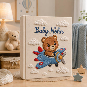 Hand Embroidered Teddy Bear Baby Photo Album, Airplane Teddy Bear Keepsake Book, Custom Name Newborn Memory Book, Nursery Gift