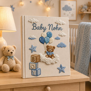 Personalized Hand Embroidered Keepsake Baby Photo Album, Embroidered Teddy Bear Memory Book, Custom Linen Baby Keepsake Album, Newborn Gift