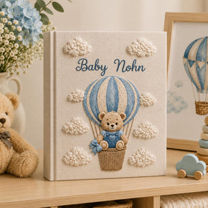 Hand Embroidered Baby Photo Album with Teddy Bear, Hot Air Balloon Memory Book, Custom Linen Baby Album Keepsake, Baby Shower Gift