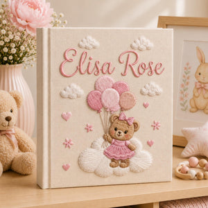 Custom Hand Embroidered Baby Photo Album, Teddy Bear Balloon Linen Memory Book, Baby Album Keepsake, Baby Shower Gift, Girl Nursery Album