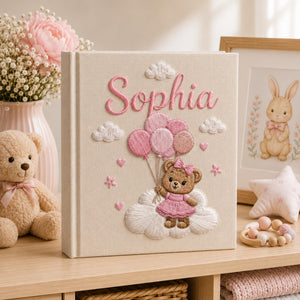 Custom Hand Embroidered Baby Photo Album, Teddy Bear Balloon Linen Memory Book, Baby Album Keepsake, Baby Shower Gift, Girl Nursery Album