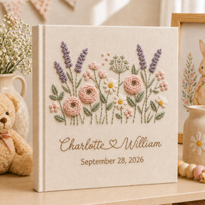 Custom Hand Embroidered Floral Wedding Photo Album, Personalized Wedding Memory Book, Linen Album Anniversary Gift, Couple Keepsake Album