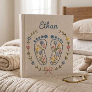 Hand Embroidered Baby Photo Album, Personalized Name Album, Floral Baby Footprints, Newborn Memory Book, Baby Shower Gifts, Nursery Keepsake