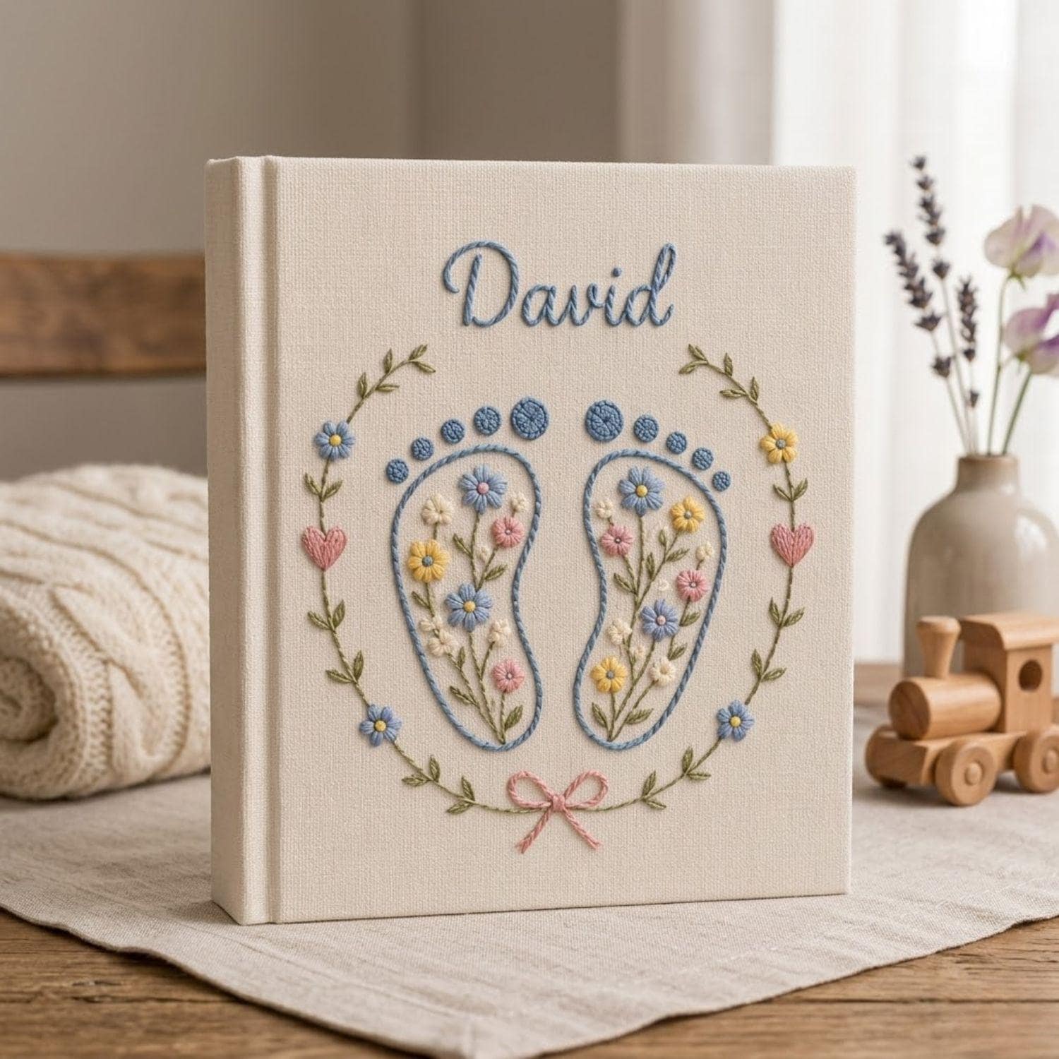 Hand Embroidered Baby Photo Album, Personalized Name Album, Floral Baby Footprints, Newborn Memory Book, Baby Shower Gifts, Nursery Keepsake