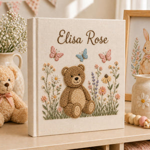 Custom Hand Embroidered Baby Photo Album, Teddy Bear Floral Linen Memory Book, Baby Album Keepsake, Baby Shower Gift, Girl Nursery Album