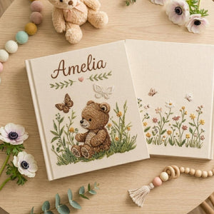Hand Embroidered Baby Photo Album with Teddy Bear, Teddy Bear Linen Memory Book, Baby Shower Gift, Newborn Keepsake Album
