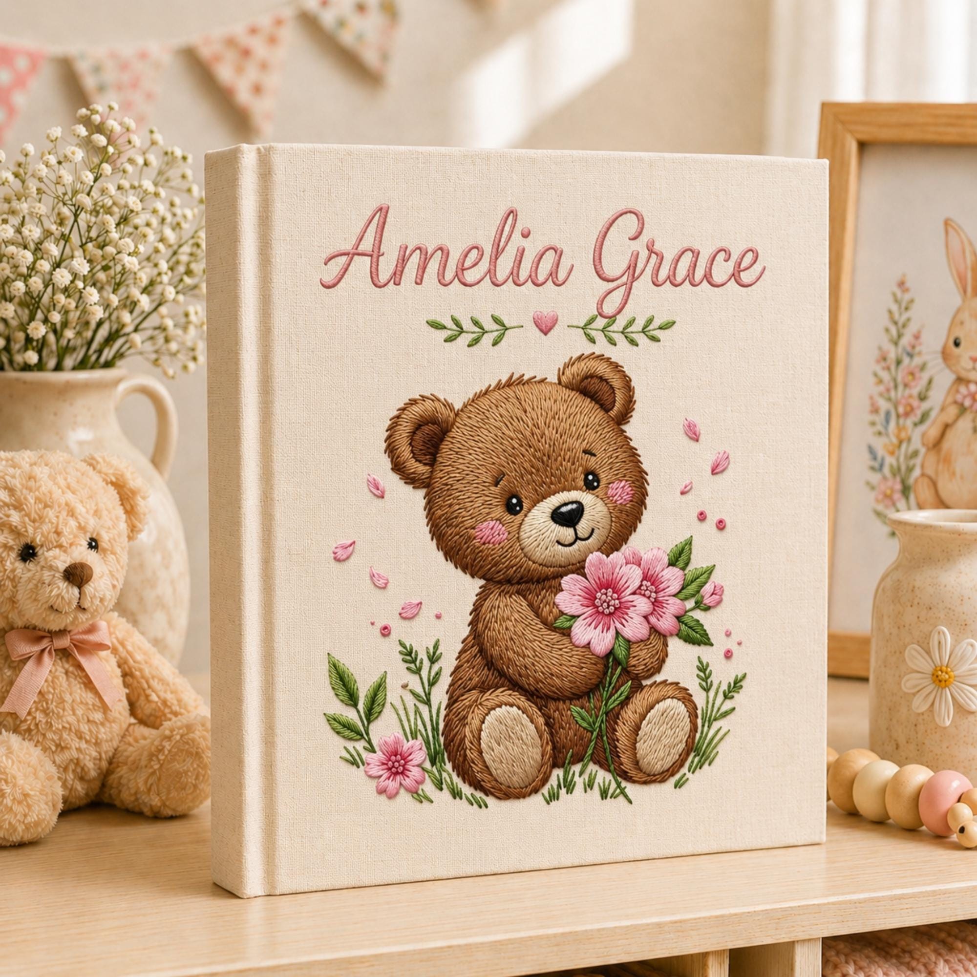 Hand Embroidered Baby Photo Album with Teddy Bear, Teddy Bear Linen Memory Book, Baby Shower Gift, Newborn Keepsake Album