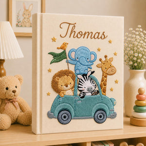 Personalized Safari Train Baby Photo Album, Custom Embroidered Linen Baby Memory Book, Safari Baby Photo Album, Newborn Keepsake Album