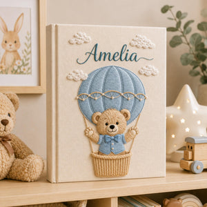 Custom Hand Embroidered Baby Photo Album, Teddy Bear Hot Air Balloon Baby Photo Album, Hand Embroidered Linen Memory Book, Newborn Keepsake