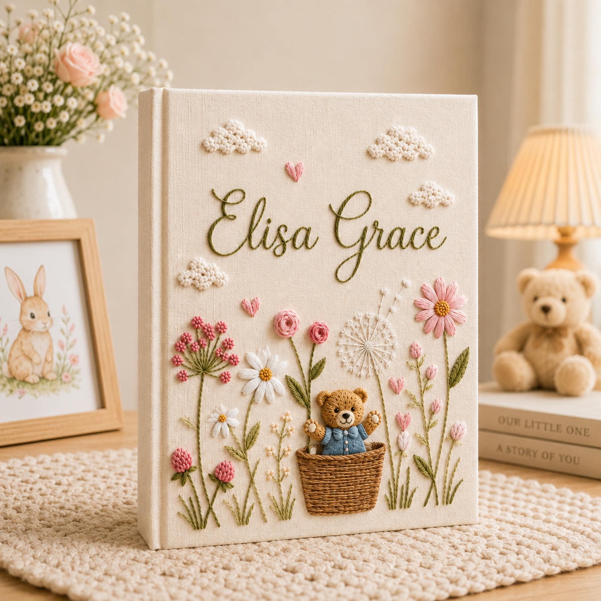 Hand Embroidered Teddy Bear Linen Baby Photo Album, Teddy Bear Floral Memory Book, Unique Photo Album, Baby Shower Gift, Newborn Keepsake