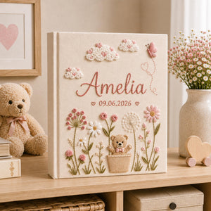Hand Embroidered Teddy Bear Linen Baby Photo Album, Teddy Bear Floral Memory Book, Unique Photo Album, Baby Shower Gift, Newborn Keepsake