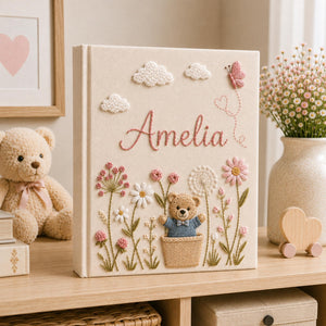 Hand Embroidered Teddy Bear Linen Baby Photo Album, Teddy Bear Floral Memory Book, Unique Photo Album, Baby Shower Gift, Newborn Keepsake