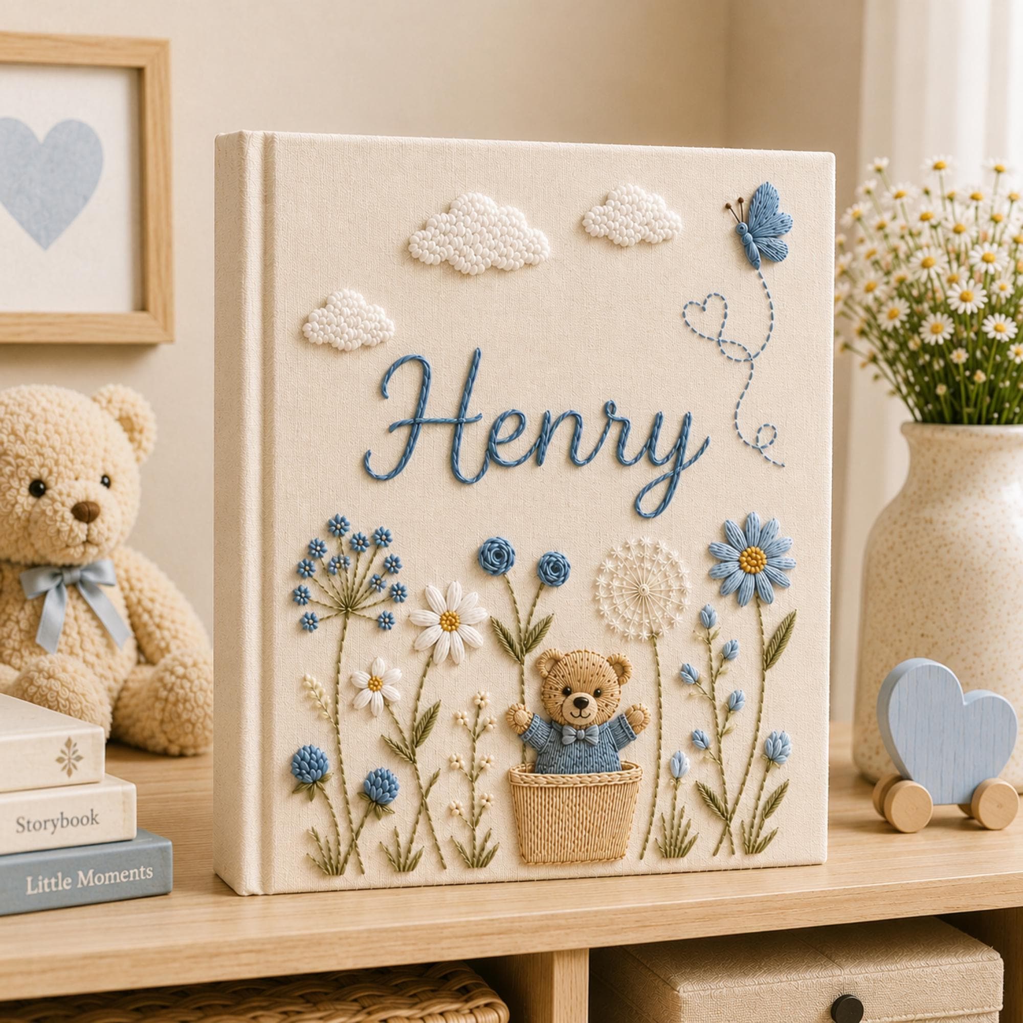 Hand Embroidered Teddy Bear Linen Baby Photo Album, Floral Memory Book Keepsake, Unique Photo Album, Baby Shower Gift, Newborn Keepsake
