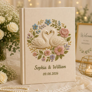 Custom Hand Embroidered Wedding Photo Album With Sleeves, Lily of the Valley Wedding Photo Album, Embroidered Swan Heart Memory Book
